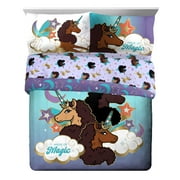 Afro Unicorn Blue 7 Piece Full Bed Set w/ Sham, 100% Microfiber