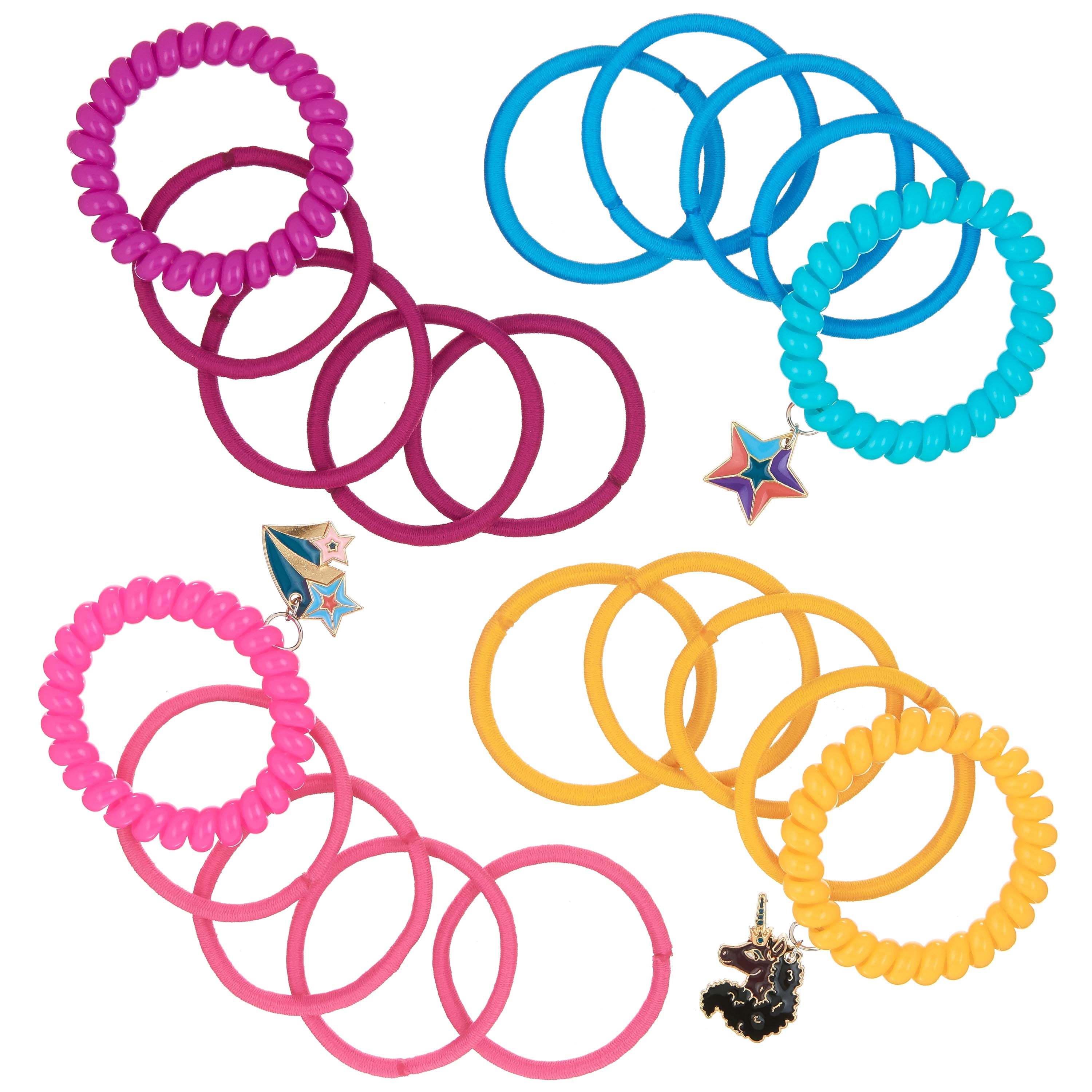 Afro Unicorn Hair Elastics & Coils with Charms Spiral Ponytail Holder, Assorted Colors, 20pc, Kids Ponytail Holder