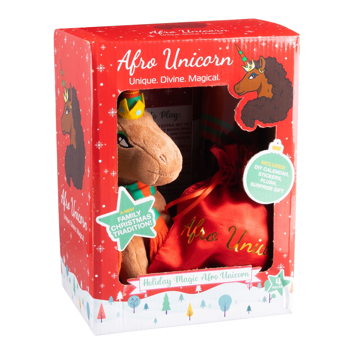 Afro Unicorn Holiday Plush Set – Stuffed Unicorn Toy Christmas Gift Set