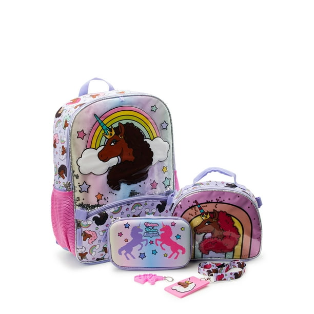 Afro Unicorn Kids 17" Laptop Backpack and Lunch Tote Set, 5Piece