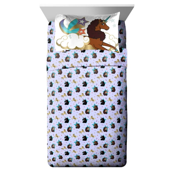 Afro Unicorn Kids 3-Piece Twin Sheet Set, Microfiber, Purple, Afro Unicorn