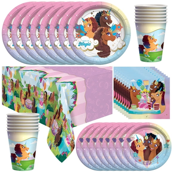 Afro Unicorn Party Decorations Tableware Deluxe Set for 24 Guests
