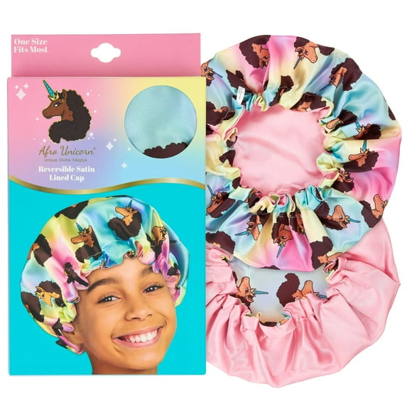 Afro Unicorn Reversible Satin Lined Sleeping Cap - Girls Printed Salon Bonnet Hat for Kids + Tweens