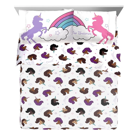 Afro Unicorn Unique, Divine, Magical 4 Piece White Queen Sheet Set, 100% Microfiber