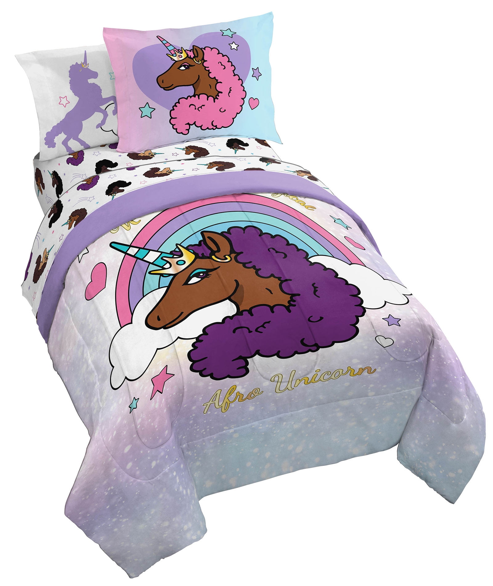 Afro Unicorn Unique, Divine, Magical Purple 5 Piece Twin Bed Set with