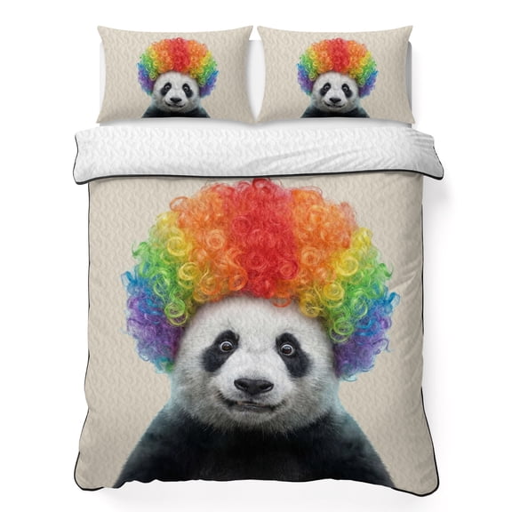 Afro Wig Panda 3 Piece Quilt Bedding Set with 2 Pillow Shams, Abstract Funny Rainbow Wig Panda Linen Texture Lightweight Bedspread Coverlet, Soft Breathable All Season Quilt, 68 x 86 Inch