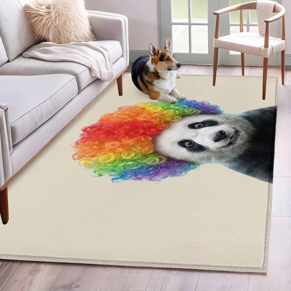 Afro Wig Panda Area Rugs 3x5 ft Abstract Funny Rainbow Wig Panda Linen Texture Washable Rug Non Slip Indoor Carpet Absorbent Floor Mat for Living Room Bedroom Dining Room