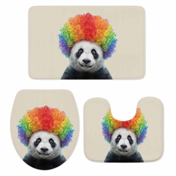 Afro Wig Panda Bathroom Rugs Set Abstract Funny Rainbow Wig Panda Linen Texture Non Slip Absorbent Soft Bath Mats 3 Piece Set with Bathroom Rug, U-Shaped Floor Mat, Toilet Seat Cover Small Size