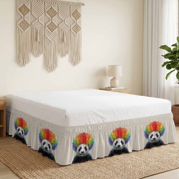Afro Wig Panda Bed Skirt California King Size 18 Inch Drop, Abstract Funny Rainbow Wig Panda Linen Texture Wrap Around Dust Ruffle Bedskirt with Adjustable Elastic Belt for California King Size Beds