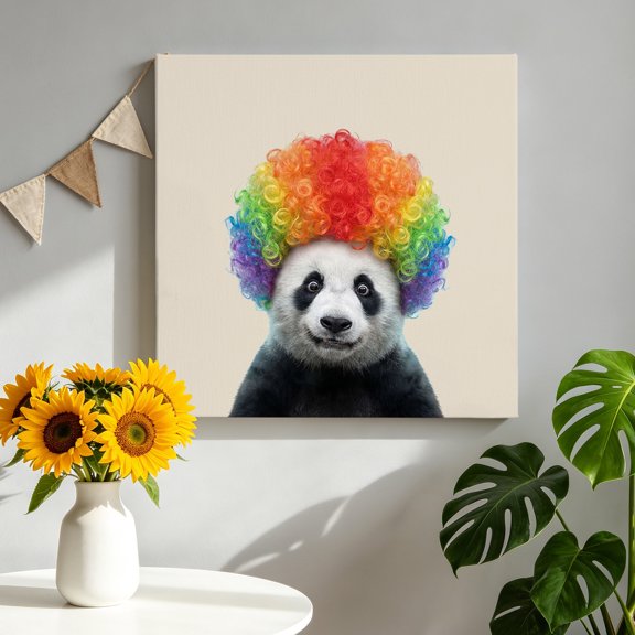 Afro Wig Panda Canvas Wall Art, Abstract Funny Rainbow Wig Panda Linen Texture Framed Canvas Wall Decor Picture Print Artwork Decorations for Living Room Office Ready to Hang 8" x 8"