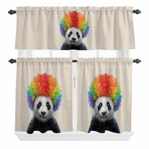 Afro Wig Panda Curtain Valances Set Abstract Funny Rainbow Wig Panda Linen Texture Kitchen Curtains 24 inch Length Rod Pocket Valance and Tiers 3 Piece Set Small Bedroom Bathroom Laundry Decor