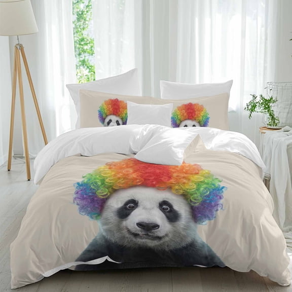 Afro Wig Panda Duvet Cover Set Queen Size, Abstract Funny Rainbow Wig Panda Linen Texture 4 Piece Soft Microfiber Bedding Set with Zipper Closure, 1 Comforter Cover, 1 Flat Sheet, 2 Pillowcases