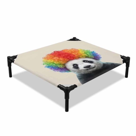 Afro Wig Panda Elevated Dog Bed, Abstract Funny Rainbow Wig Panda Linen Texture Cooling Breathable Outdoor Raised Dog Cot Bed with Metal Frame Non-Slip Feet for Small Dog 20x20in