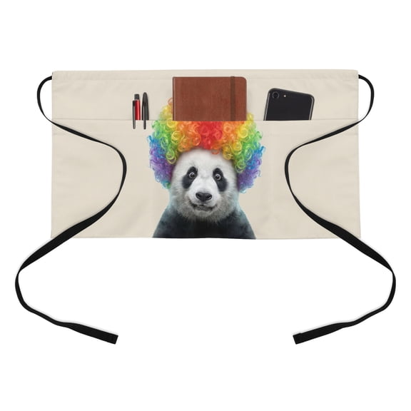 Afro Wig Panda Half Waist Apron Abstract Funny Rainbow Wig Panda Linen Texture Short Waiter Aprons with 3 Pockets for Women Men Kitchen Restaurant Cooking