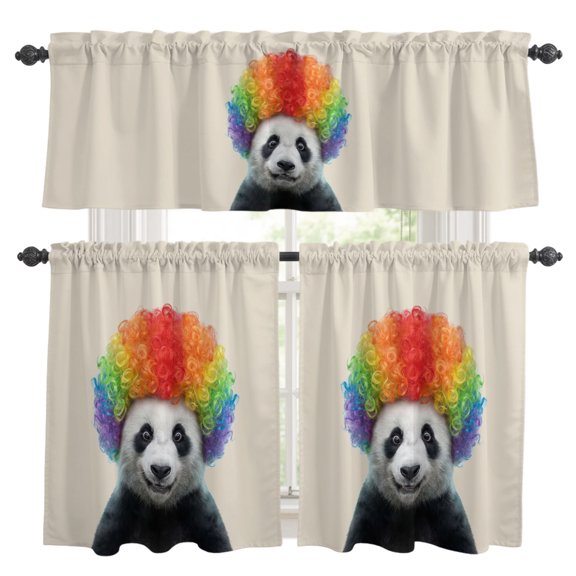 Afro Wig Panda Kitchen Curtains Set for Windows, Abstract Funny Rainbow Wig Panda Linen Texture Curtains Valance and Tier 3 Piece Set Small Drapes 24 Inch Length for Kitchen Bedroom Decor