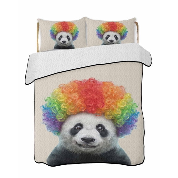 Afro Wig Panda Quilts Bedding Set Twin Size Abstract Funny Rainbow Wig Panda Linen Texture Lightweight Quilted Bedspread 3 Piece Bed Quilt with 2 Pillow Shams All Season for Bedroom 68" x 86"
