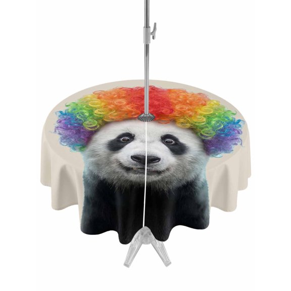 Afro Wig Panda Round Outdoor Tablecloth with Umbrella Hole Abstract Funny Rainbow Wig Panda Linen Texture 60 Inch Round Waterproof Table Cover Zippered Table Cloth for Garden Patio