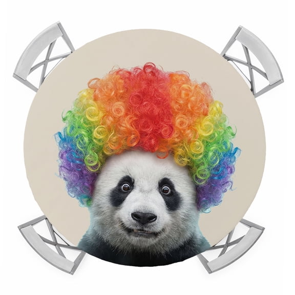 Afro Wig Panda Round Table Cover, Abstract Funny Rainbow Wig Panda Linen Texture Waterproof Fitted Tablecloths for 45"-54" Tables, Washable Picnic Table Cover for Camping Dining Indoor Outdoor