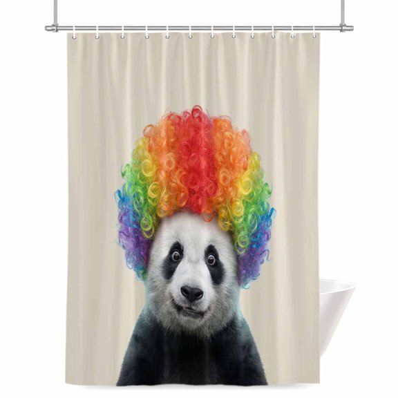 Afro Wig Panda Shower Curtain, Abstract Funny Rainbow Wig Panda Linen Texture Waterproof Shower Curtain Set with 12 Hooks Lightweight Bath Curtains Fabric Bathroom Decor 72x84 Inches