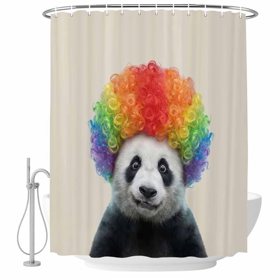 Afro Wig Panda Shower Curtain for Bathroom, Abstract Funny Rainbow Wig Panda Linen Texture Waterproof Cloth Fabric Bathroom Accessories Set with 12 Rust Proof Plastic Hooks, 72"x96"