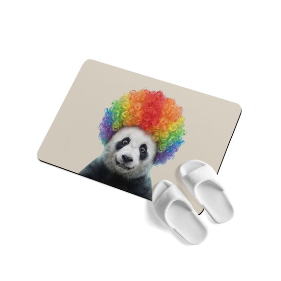 Afro Wig Panda Soft Diatomaceous Earth Mat, Abstract Funny Rainbow Wig Panda Linen Texture Absorbent Bath Mat Non Slip Rubber Backed Quick Dry Doormat Fit Under Door for Bathroom Kitchen 16"x24"