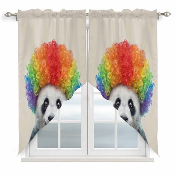 Afro Wig Panda Swag Curtain Valance for Window 2 Panels Abstract Funny Rainbow Wig Panda Linen Texture Rod Pocket Small Window Swag Valances for Kitchen Bedroom Bathroom 36" W x 36" L