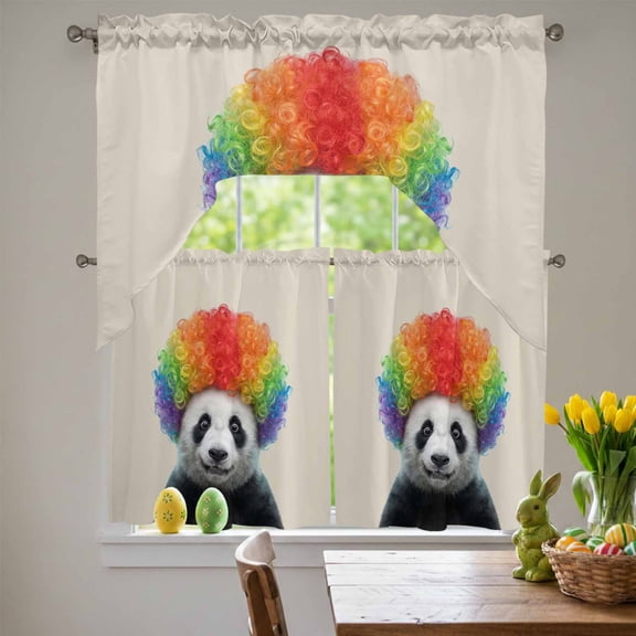 Afro Wig Panda Swag Curtains Valance & Tier Set, Abstract Funny Rainbow Wig Panda Linen Texture 3 Pcs Set Kitchen Swag Valances and Tiers 36 Inch Length Rod Pocket Curtain Drapes for Bedroom