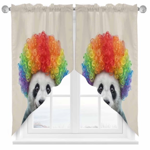 Afro Wig Panda Swag Kitchen Curtain Valances, Abstract Funny Rainbow Wig Panda Linen Texture Rod Pocket Curtains Window Treatment Decor Valances for Bedroom Bathroom, 2 Panels 36 x 36 Inch