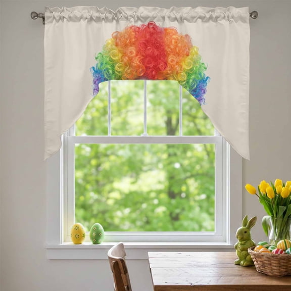 Afro Wig Panda Swag Valances for Kitchen Window, Abstract Funny Rainbow Wig Panda Linen Texture Small Swag Valances Rod Pocket Curtain Drapes Window Treatment for Bedroom Bathroom, 56x36 Inch