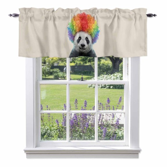 Afro Wig Panda Valance Curtain Abstract Funny Rainbow Wig Panda Linen Texture Window Valances Rod Pocket Short Curtains Window Treatments for Kitchen Bedroom Bathroom Laundry 54" x 18"