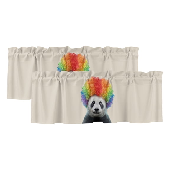 Afro Wig Panda Valances for Window 2 Pack, Abstract Funny Rainbow Wig Panda Linen Texture Rod Pocket Curtains Valances Light Filtering Short Curtains for Kitchen Bedroom Bathroom 60 x 18 Inch