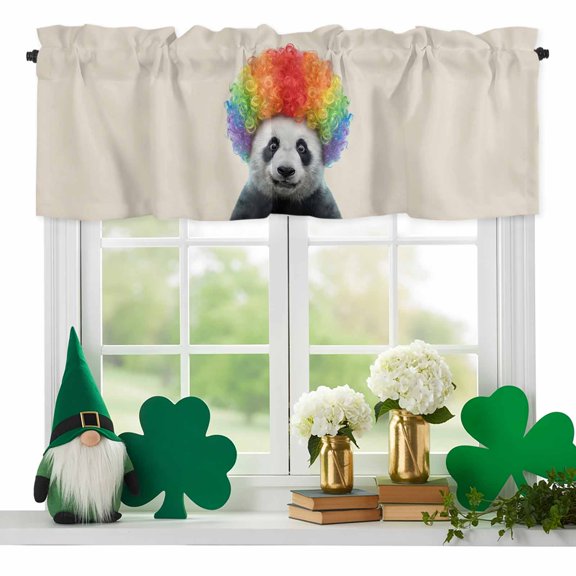 Afro Wig Panda Valances for Windows, Abstract Funny Rainbow Wig Panda Linen Texture Rod Pocket Valance Short Window Treatments Curtains for Kitchen Bathroom Bedroom Decor, 60 x 18 Inches