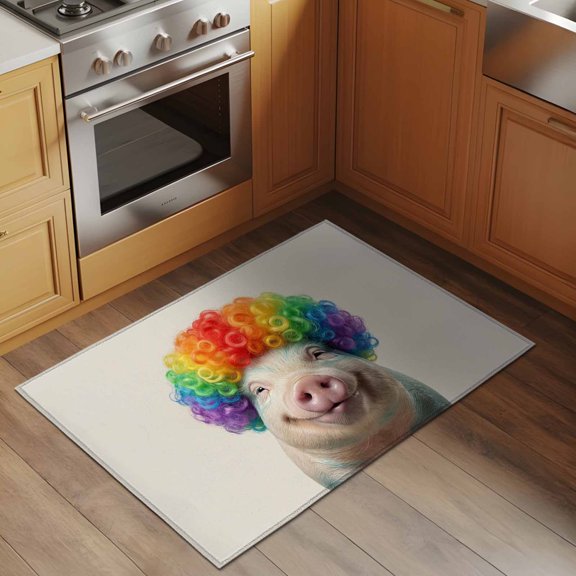 Afro Wig Pig 2x3 Rug for Entryway Front Door Kitchen Sink Area, Abstract Funny Rainbow Wig Pig Linen Texture Low Pile Washable Non Slip Rectangle Area Rug