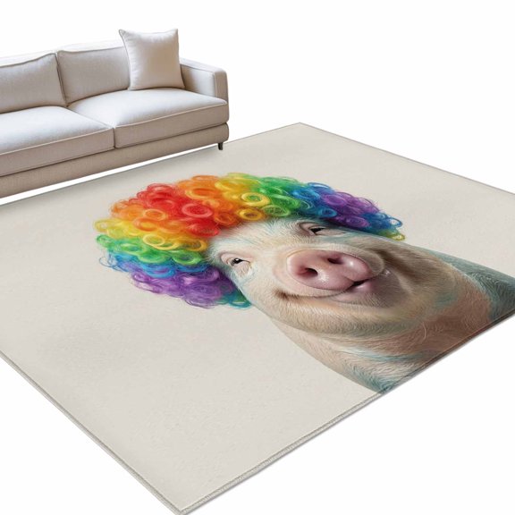 Afro Wig Pig 6x9ft Non Slip Area Rug Abstract Funny Rainbow Wig Pig Linen Texture Washable Soft Area Rugs for Living Room, Indoor Circle Carpet for Bedroom Dining Room Kitchen