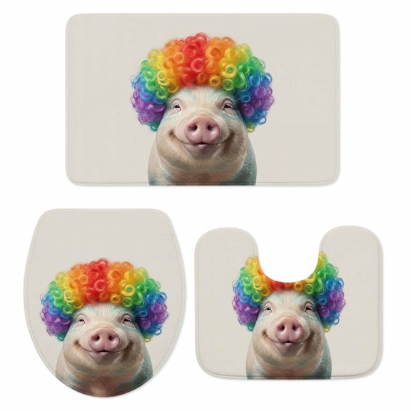 Afro Wig Pig Bathroom Rugs Set Abstract Funny Rainbow Wig Pig Linen Texture Non Slip Absorbent Soft Bath Mats 3 Piece Set with Bathroom Rug, U-Shaped Floor Mat, Toilet Seat Cover Large Size