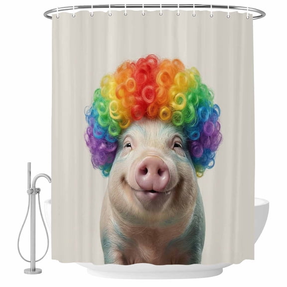 Afro Wig Pig Bathroom Shower Curtains with Hooks, Abstract Funny Rainbow Wig Pig Linen Texture Waterproof Fabric Washable Shower Curtain for Home Hotel Bathtub Decor 72x84 Inch