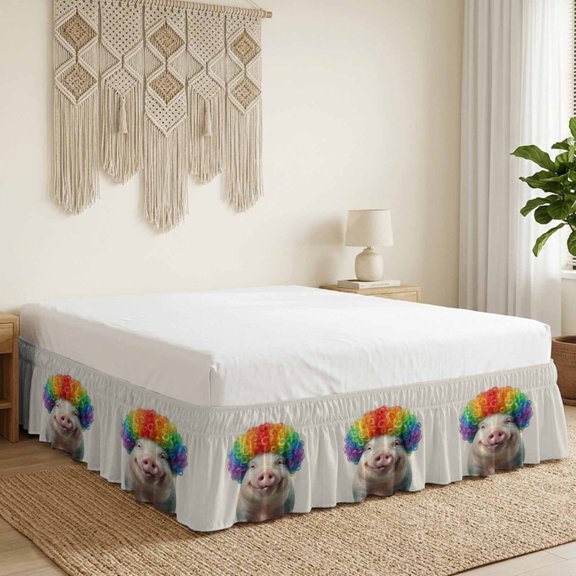 Afro Wig Pig Bed Skirt Bed Skirts Queen Size 16 Inch Drop, Abstract Funny Rainbow Wig Pig Linen Texture Wrap Around Dust Ruffle Bedskirt with Adjustable Elastic Belt for Queen Size Beds