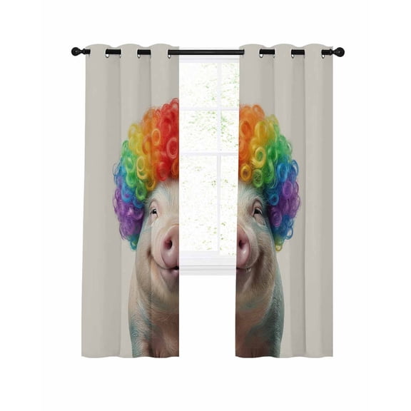 Afro Wig Pig Blackout Curtains 63 Inch Length Abstract Funny Rainbow Wig Pig Linen Texture Thermal Insulated Window Curtain Window Drapes 2 Panels for Bedroom Living Room 42"Wx63"L