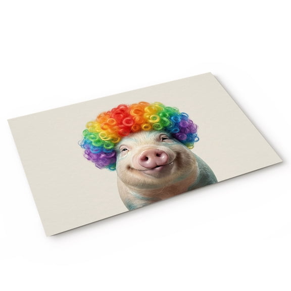 Afro Wig Pig Door Mat Abstract Funny Rainbow Wig Pig Linen Texture Non Slip Absorbent Entrance Mat Washable Low Profile Indoor Doormat for Front Door Entryway Entry 18"x30"