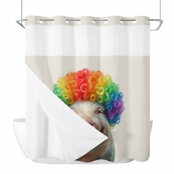 Afro Wig Pig No Hook Shower Curtain with Snap in Liner Abstract Funny Rainbow Wig Pig Linen Texture Waterproof Bathroom Shower Curtain with See Through Top Window for Bathtub 72" x 72"
