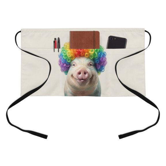 Afro Wig Pig Kitchen Restaurant Half Waist Apron, Abstract Funny Rainbow Wig Pig Linen Texture Server Short Apron with 3 Pockets Waterproof Oil Waist Aprons for Women Waitress Waiter