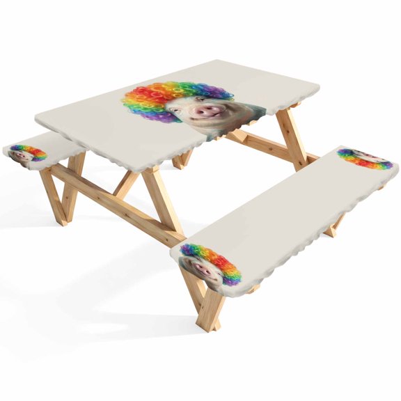 Afro Wig Pig Picnic Table Cover with Bench Covers Abstract Funny Rainbow Wig Pig Linen Texture Waterproof Fitted Picnic Tablecloth 3 Pieces Set Table Cloth for Outdoor Camping Garden BBQ