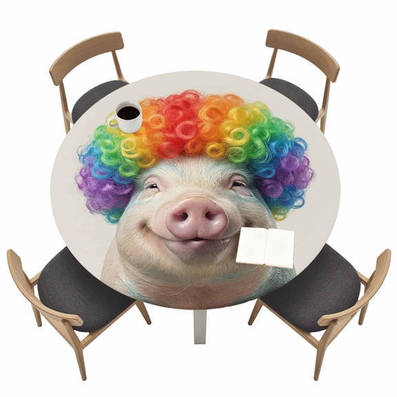 Afro Wig Pig Round Fitted Tablecloth with Elastic Edge Abstract Funny Rainbow Wig Pig Linen Texture Table Cover Fit for 36"-44" Tables Waterproof Tablecloths for Dinner Camping Picnic