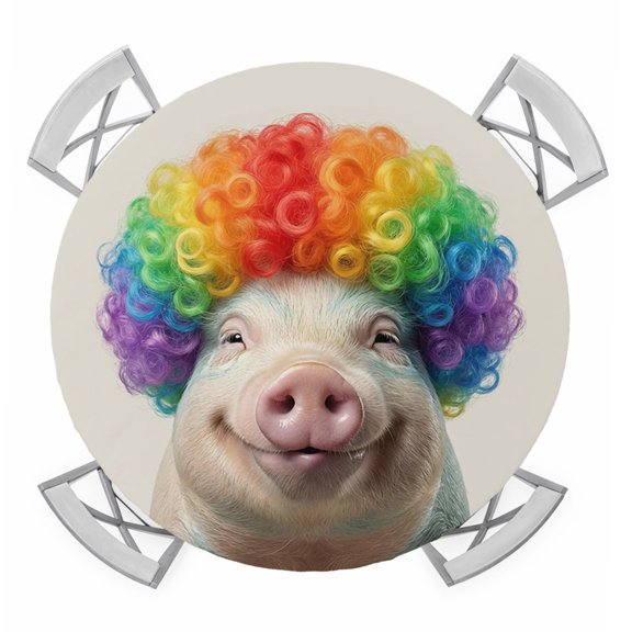 Afro Wig Pig Round Table Cover, Abstract Funny Rainbow Wig Pig Linen Texture Waterproof Fitted Tablecloths for 55"-60" Tables, Washable Picnic Table Cover for Camping Dining Indoor Outdoor