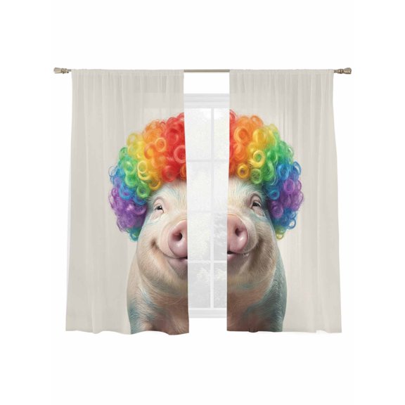 Afro Wig Pig Sheer Curtains 2 Panels Set Abstract Funny Rainbow Wig Pig Linen Texture Sheer Window Curtains Light Filtering Rod Pocket Voile Drapes for Bedroom Living Room 52"X72"