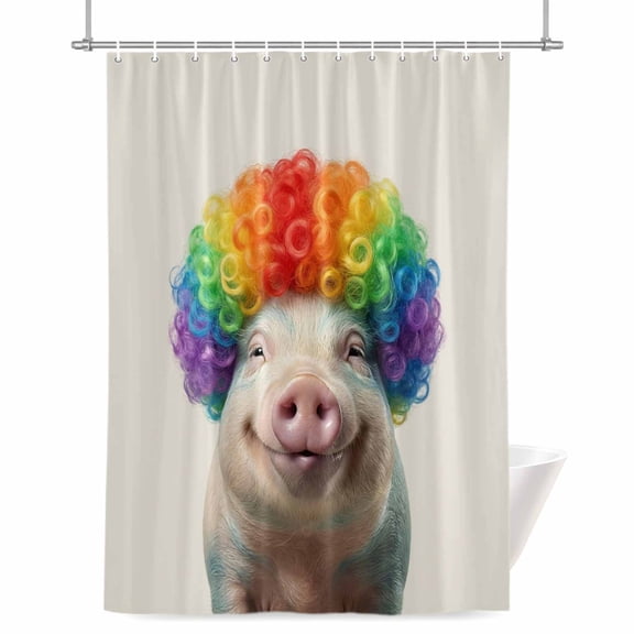 Afro Wig Pig Shower Curtain, Abstract Funny Rainbow Wig Pig Linen Texture Waterproof Shower Curtain Set with 12 Hooks Lightweight Bath Curtains Fabric Bathroom Decor 72x78 Inches