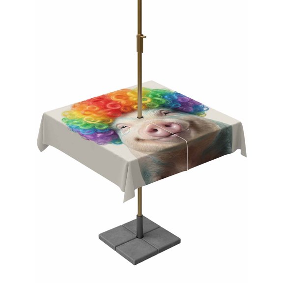 Afro Wig Pig Square Outdoor Tablecloth with Umbrella Hole Abstract Funny Rainbow Wig Pig Linen Texture 60x60 Inch Waterproof Table Cover Zippered Table Cloth for Garden Patio