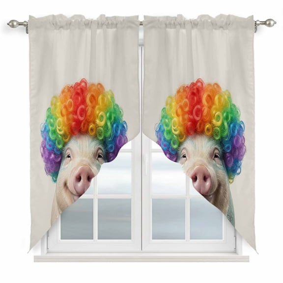 Afro Wig Pig Swag Curtain Valance for Window 2 Panels Abstract Funny Rainbow Wig Pig Linen Texture Rod Pocket Small Window Swag Valances for Kitchen Bedroom Bathroom 36" W x 36" L