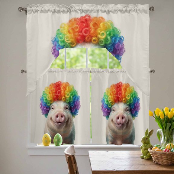 Afro Wig Pig Swag Curtains Valance & Tier Set, Abstract Funny Rainbow Wig Pig Linen Texture 3 Pcs Set Kitchen Swag Valances and Tiers 36 Inch Length Rod Pocket Curtain Drapes for Bedroom