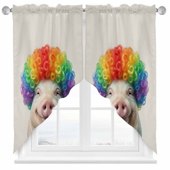 Afro Wig Pig Swag Kitchen Curtain Valances, Abstract Funny Rainbow Wig Pig Linen Texture Rod Pocket Curtains Window Treatment Decor Valances for Bedroom Bathroom, 2 Panels 36 x 36 Inch